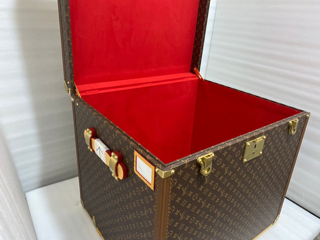 Vintage Monogram Pattern Square Storage Trunk with Gold Hardware