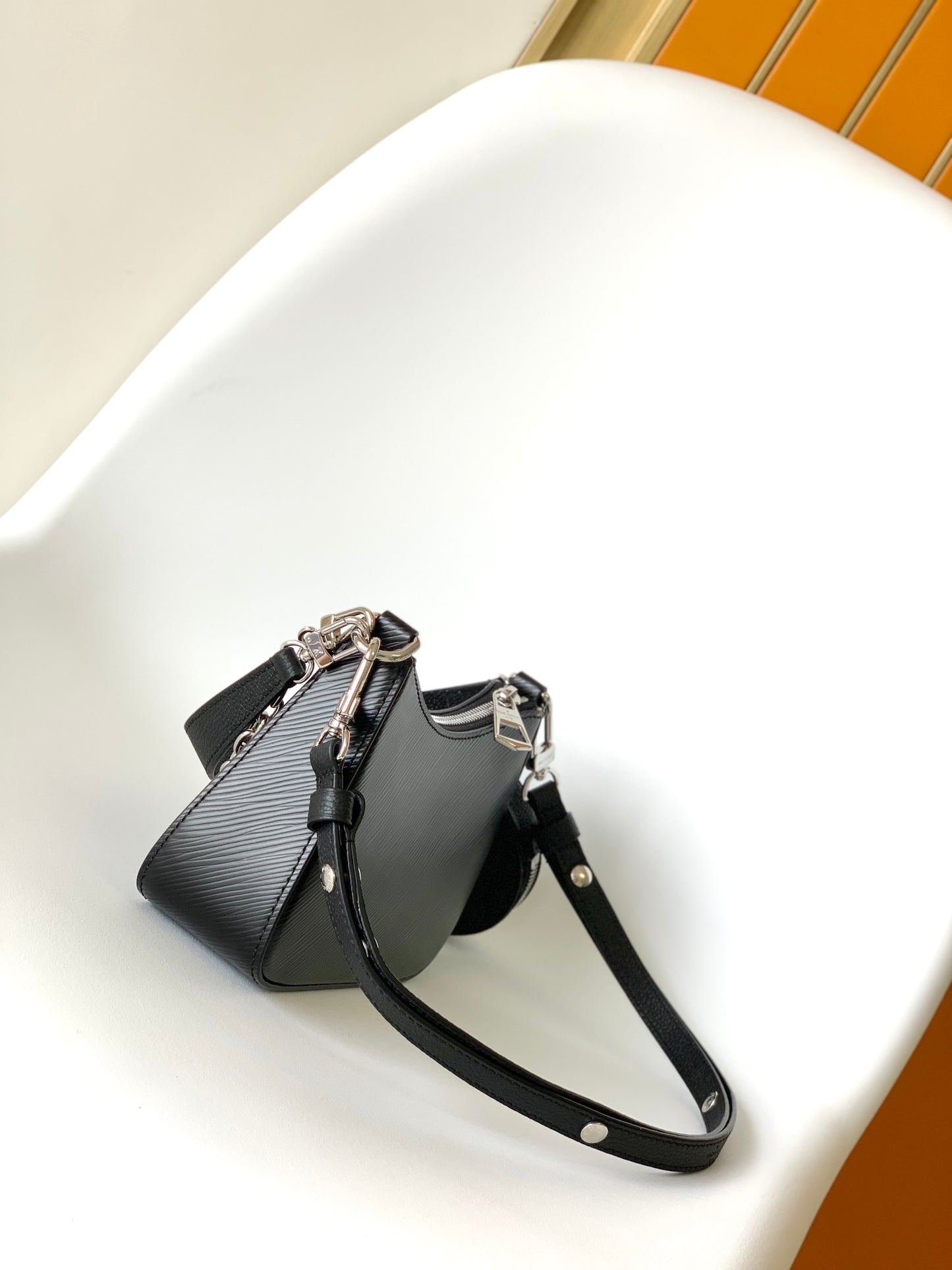 Louis Vuitton Classic Black Textured Leather Baguette Shoulder Bag with Silver Chain
