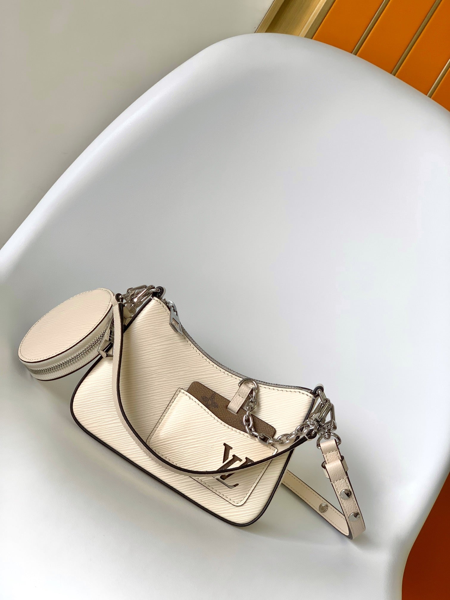 Louis Vuitton Cream Leather Crescent Shoulder Bag with Silver Chain Strap