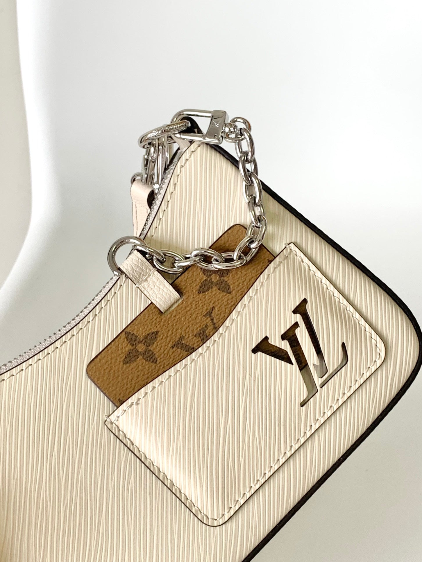 Louis Vuitton Cream Leather Crescent Shoulder Bag with Silver Chain Strap