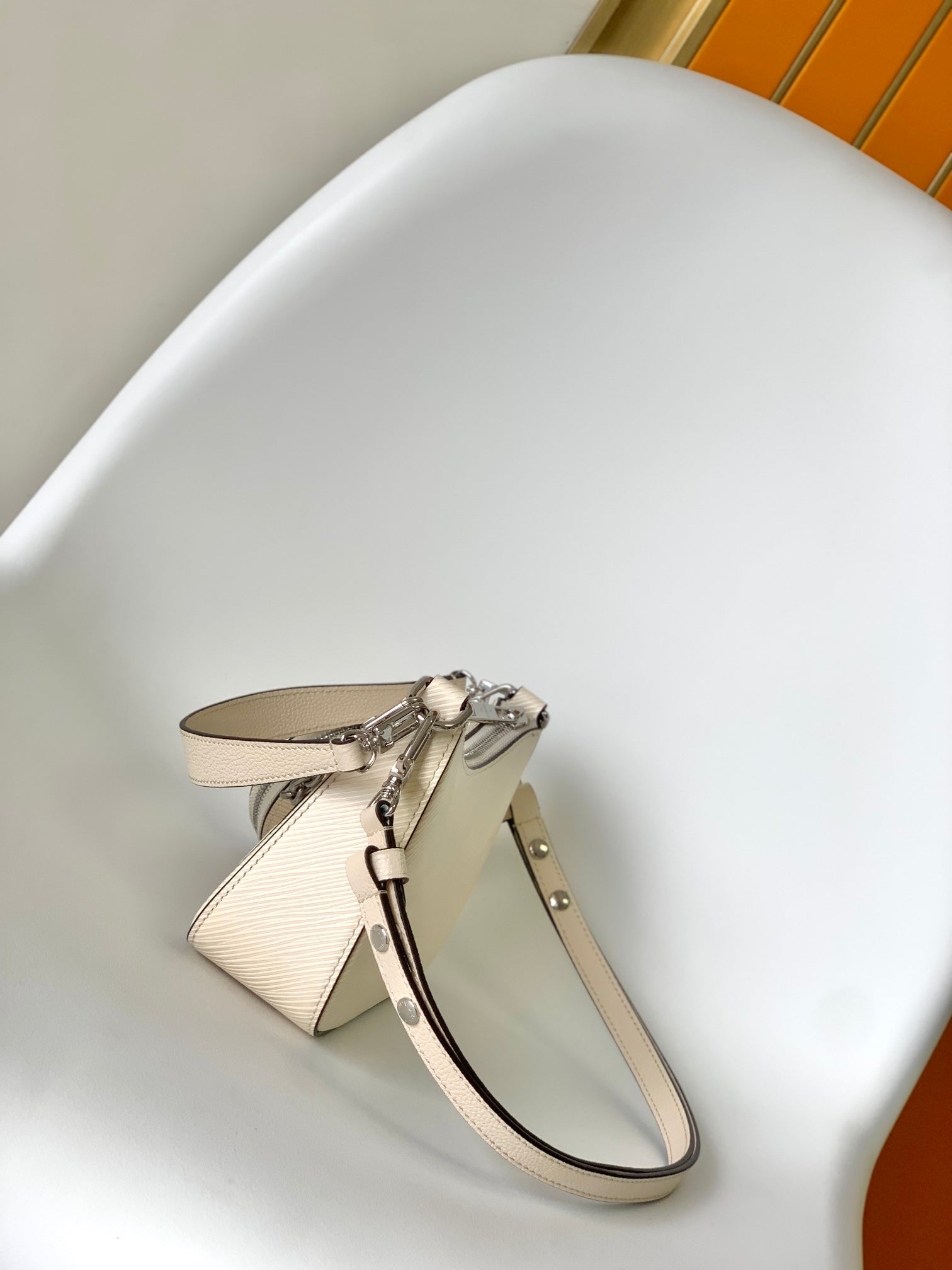 Louis Vuitton Cream Leather Crescent Shoulder Bag with Silver Chain Strap