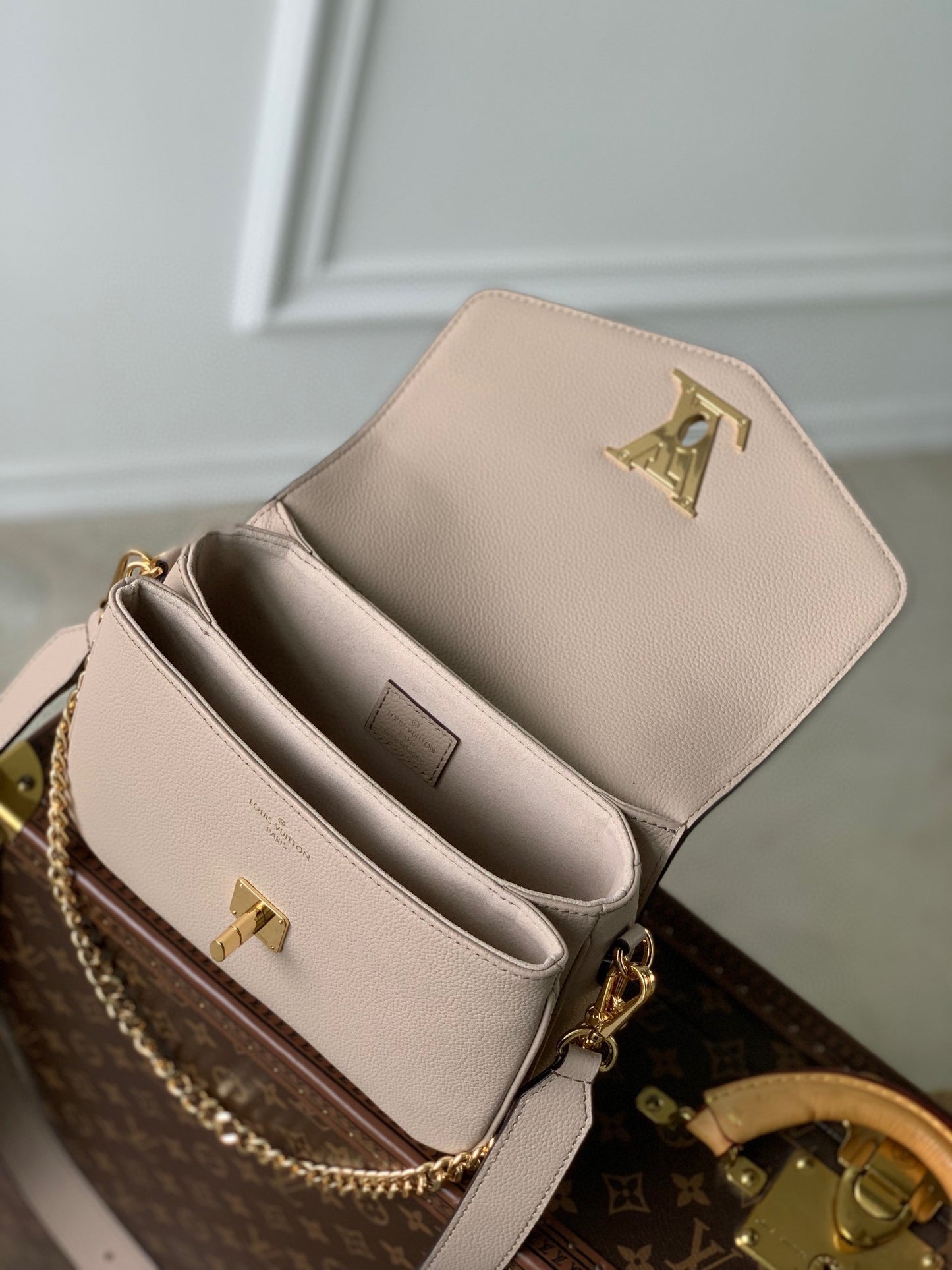 Louis Vuitton Blush Pink Envelope Crossbody Bag with Gold Chain and Wide Strap