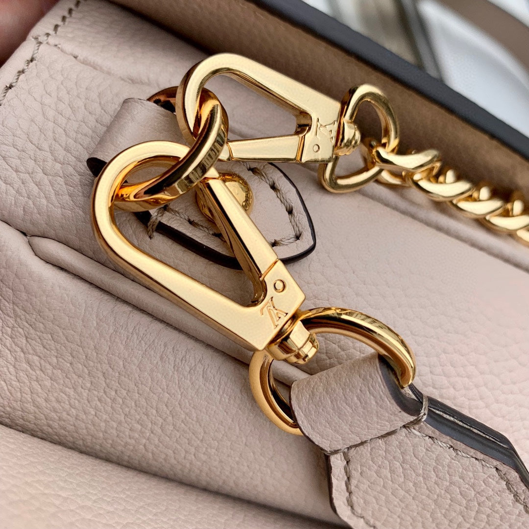 Louis Vuitton Blush Pink Envelope Crossbody Bag with Gold Chain and Wide Strap