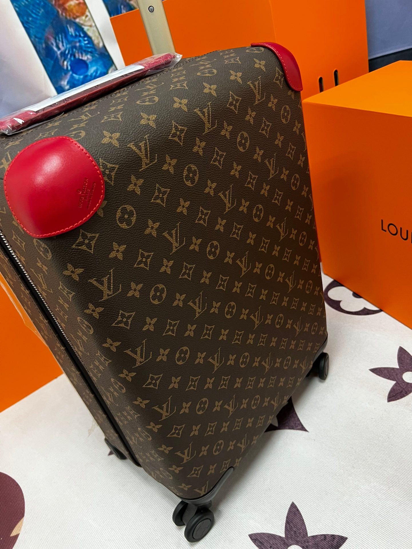 Luxury Monogram Print Rolling Suitcase with Red Trim