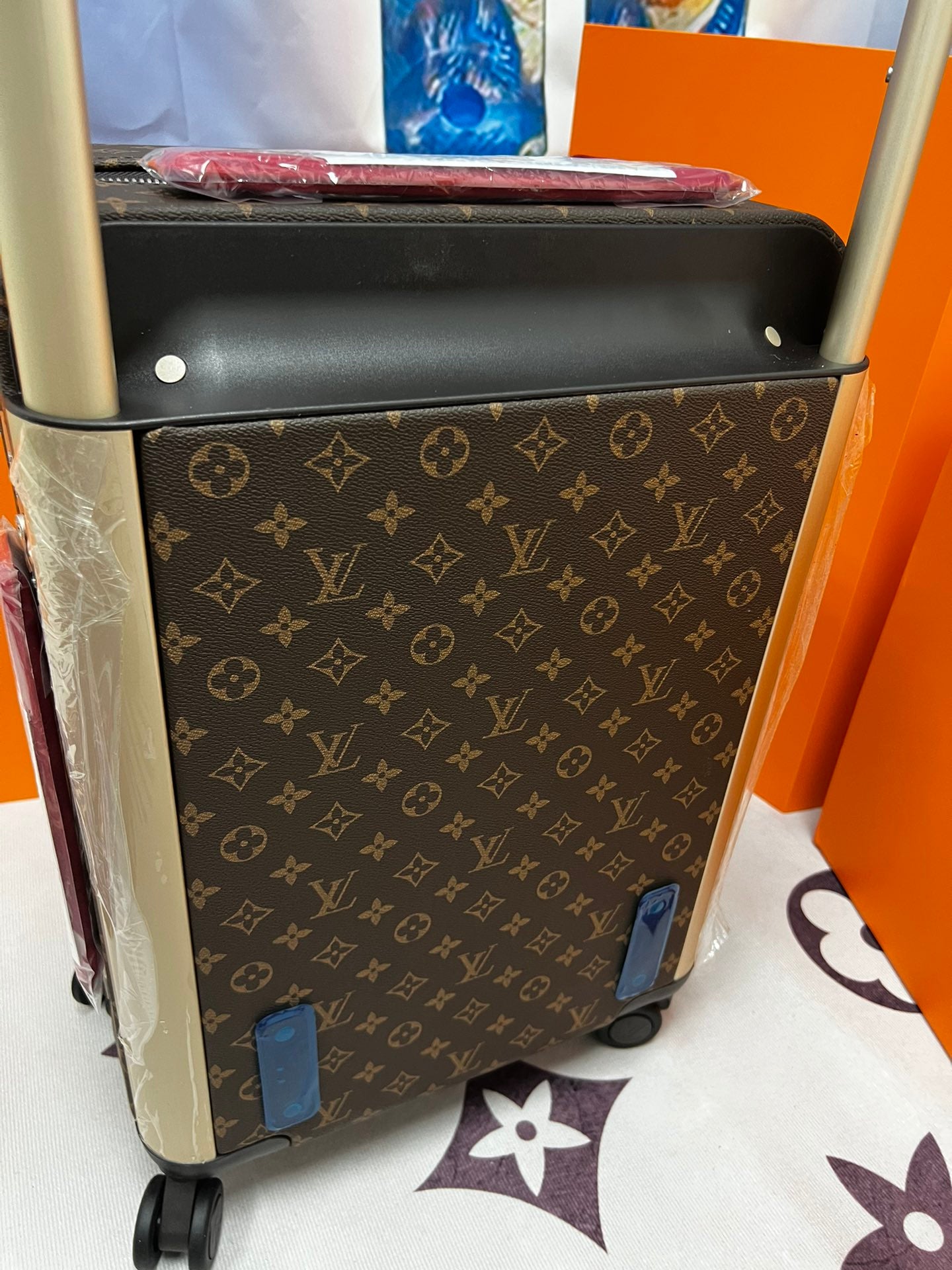 Luxury Monogram Print Rolling Suitcase with Red Trim