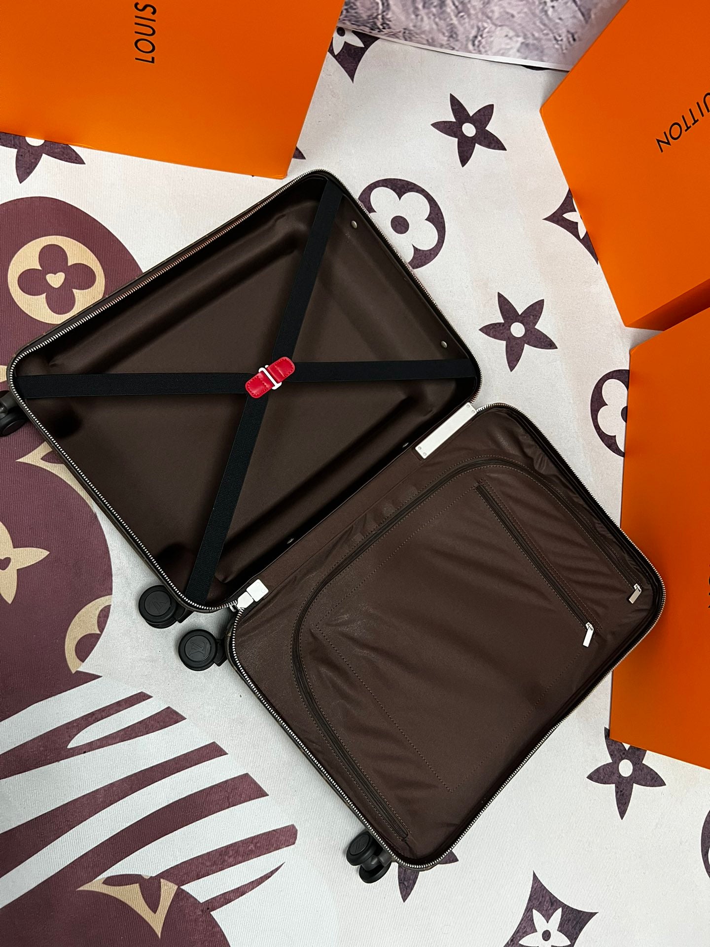 Luxury Monogram Print Rolling Suitcase with Red Trim