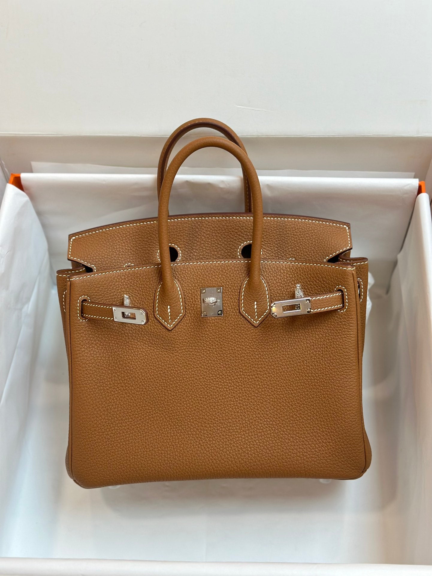 Luxury Tan Leather Handbag - Classic Top Handle Tote Bag with Silver Hardware