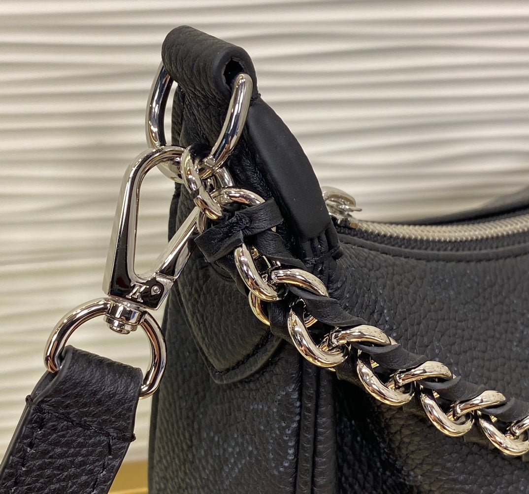 Louis Vuitton Black Embossed Crescent Shoulder Bag with Silver Chain and Coin Purse