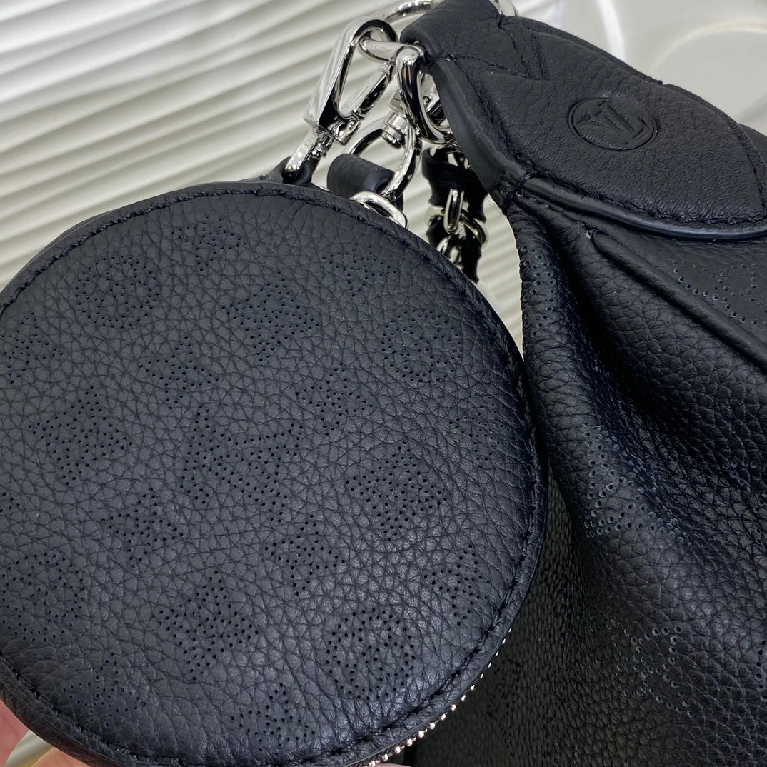 Louis Vuitton Black Embossed Crescent Shoulder Bag with Silver Chain and Coin Purse