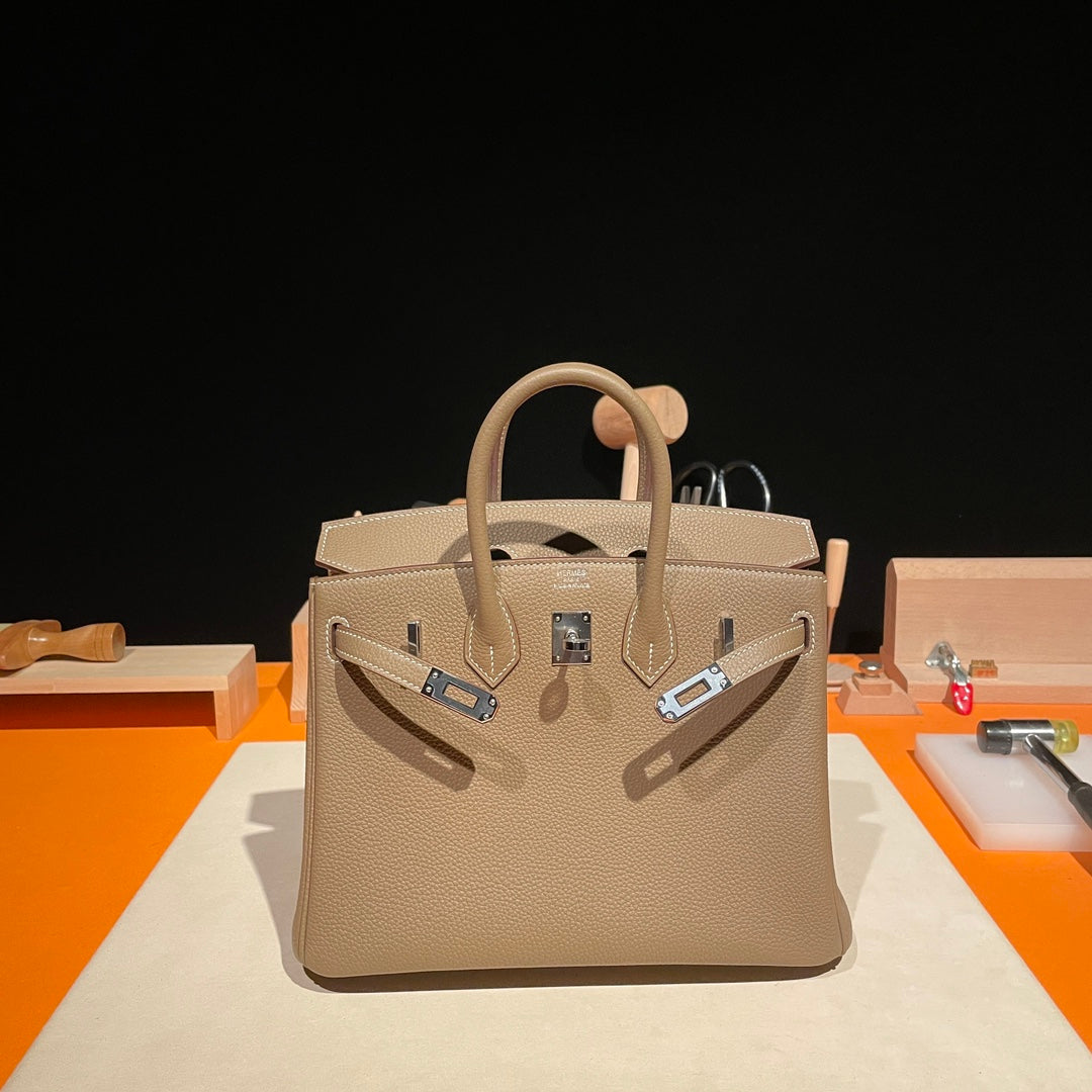 Luxury Beige Leather Top Handle Handbag - Birkin Style Craftsmanship Edition