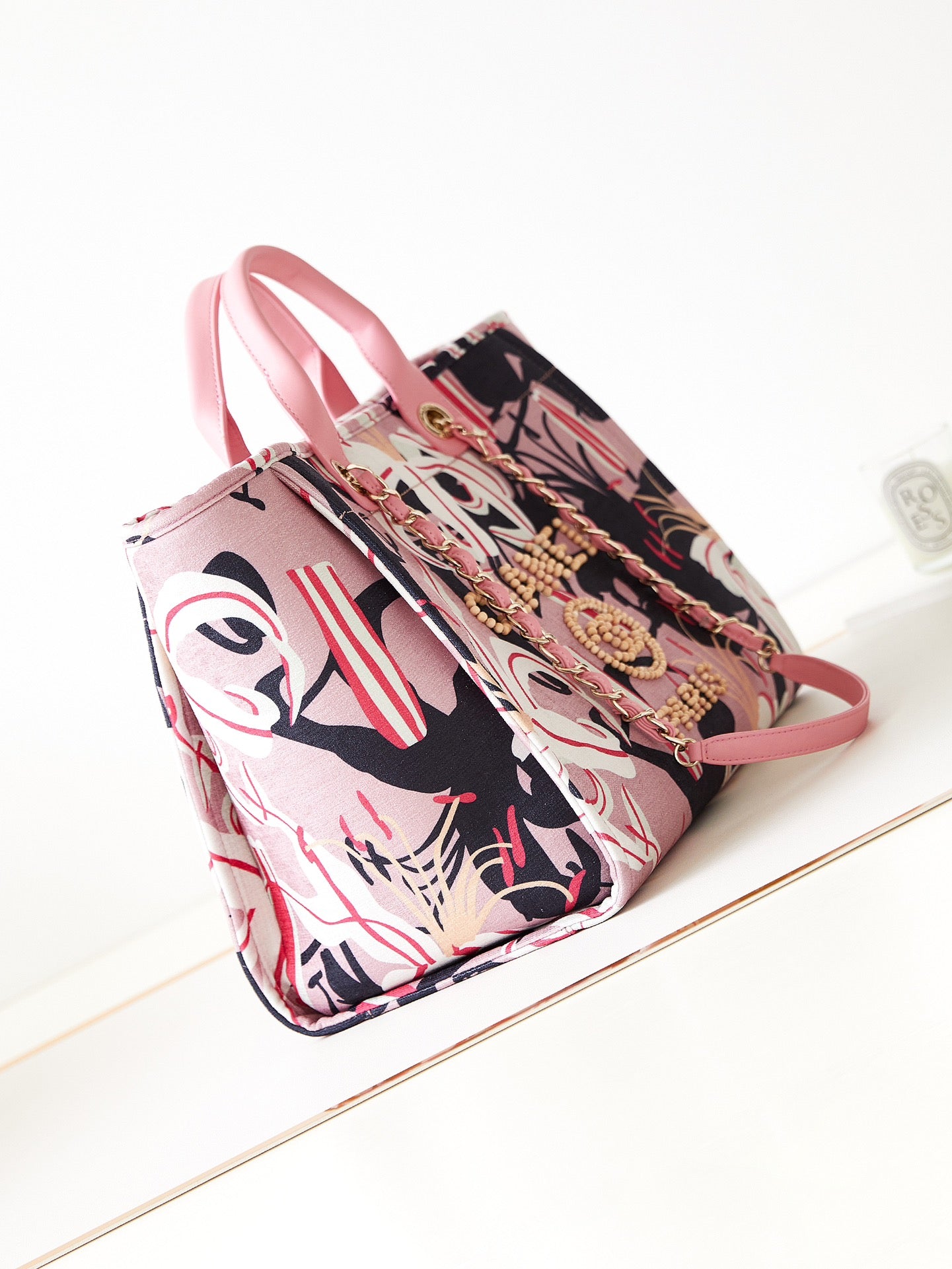 Pink Floral Graphic Pattern Tote Bag with CC Logo Charm and Twin Handles