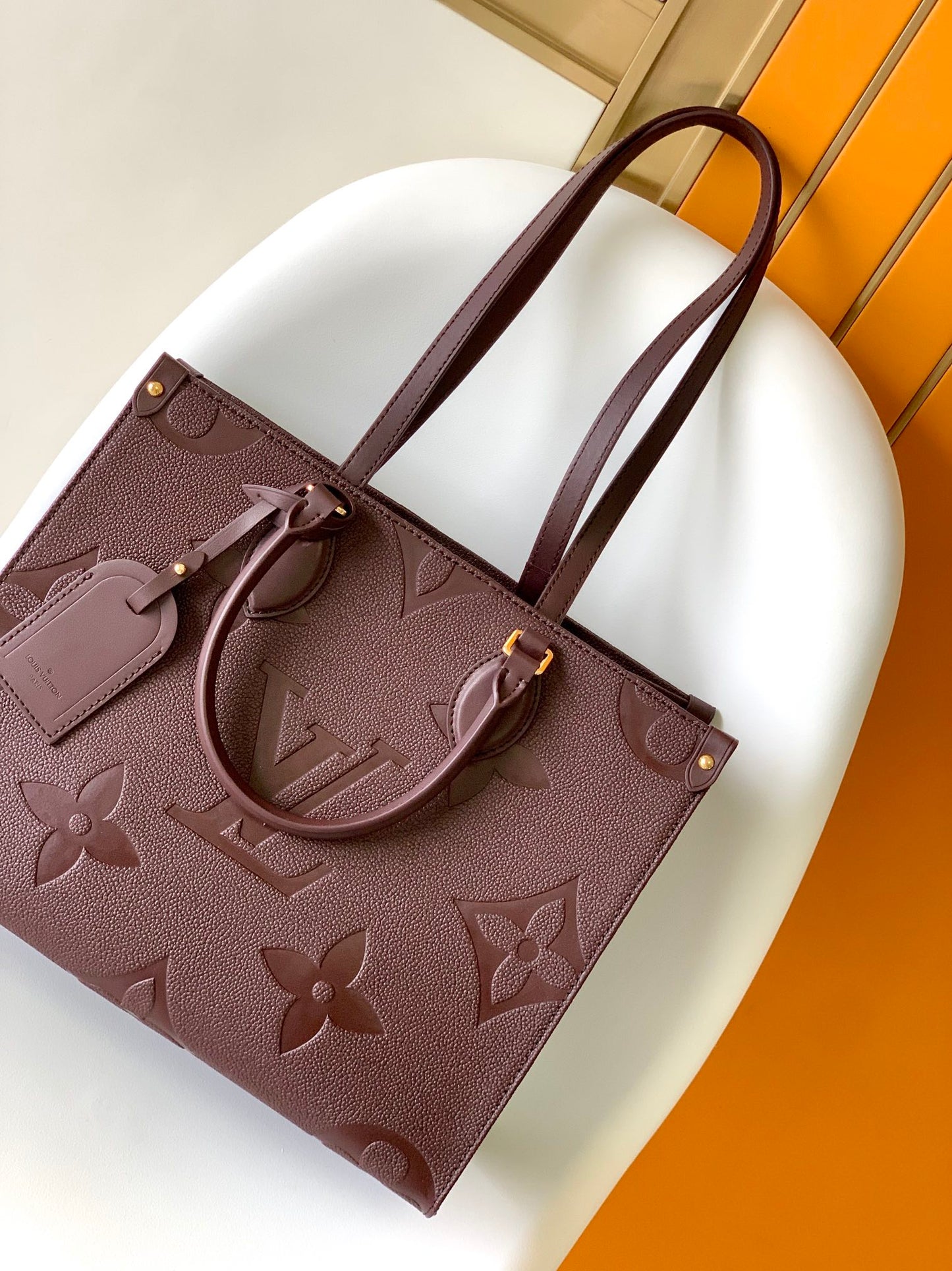 Louis Vuitton Dark Burgundy Embossed Leather Tote Bag with Top Handles