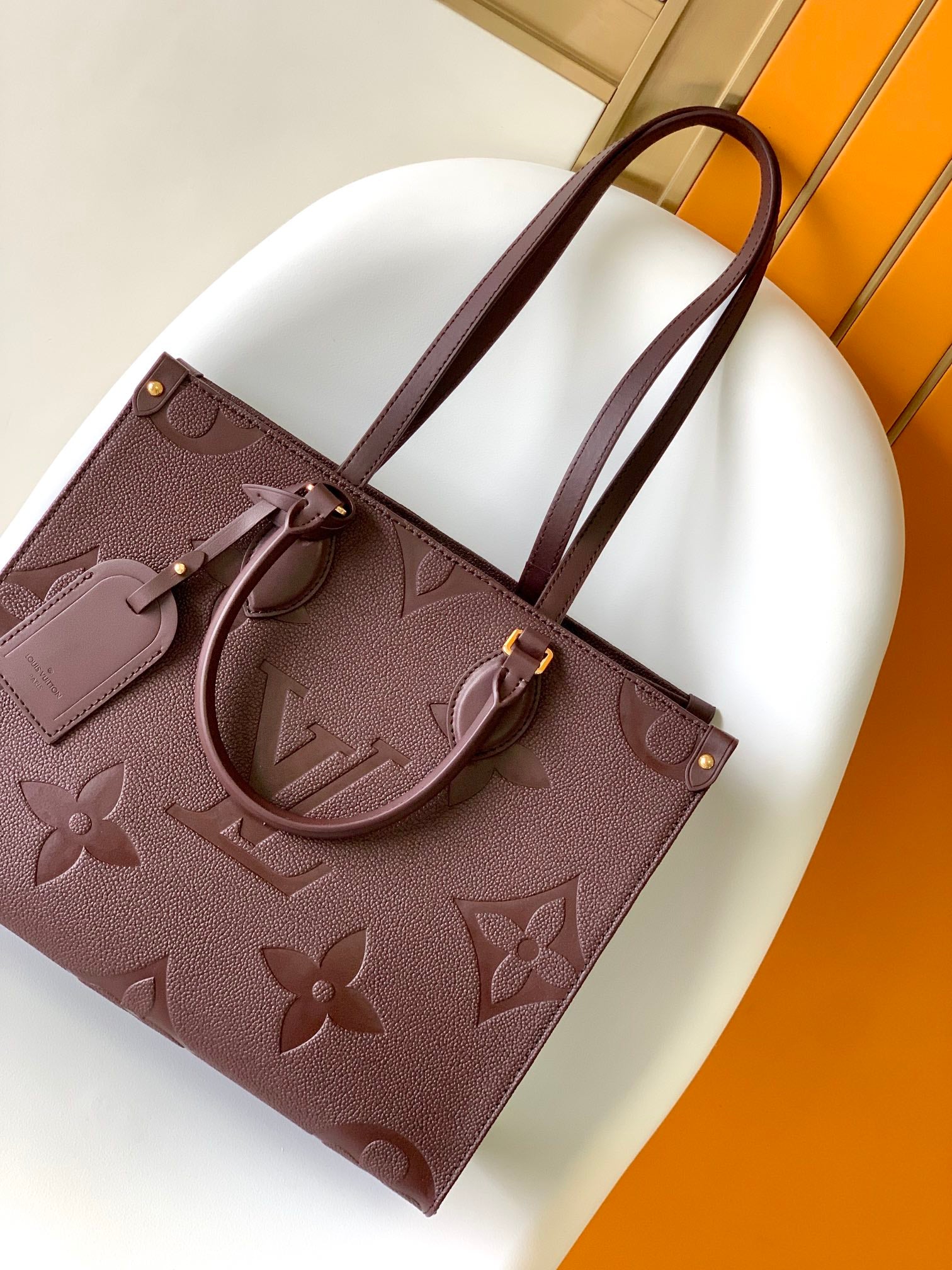 Louis Vuitton Dark Burgundy Embossed Leather Tote Bag with Top Handles