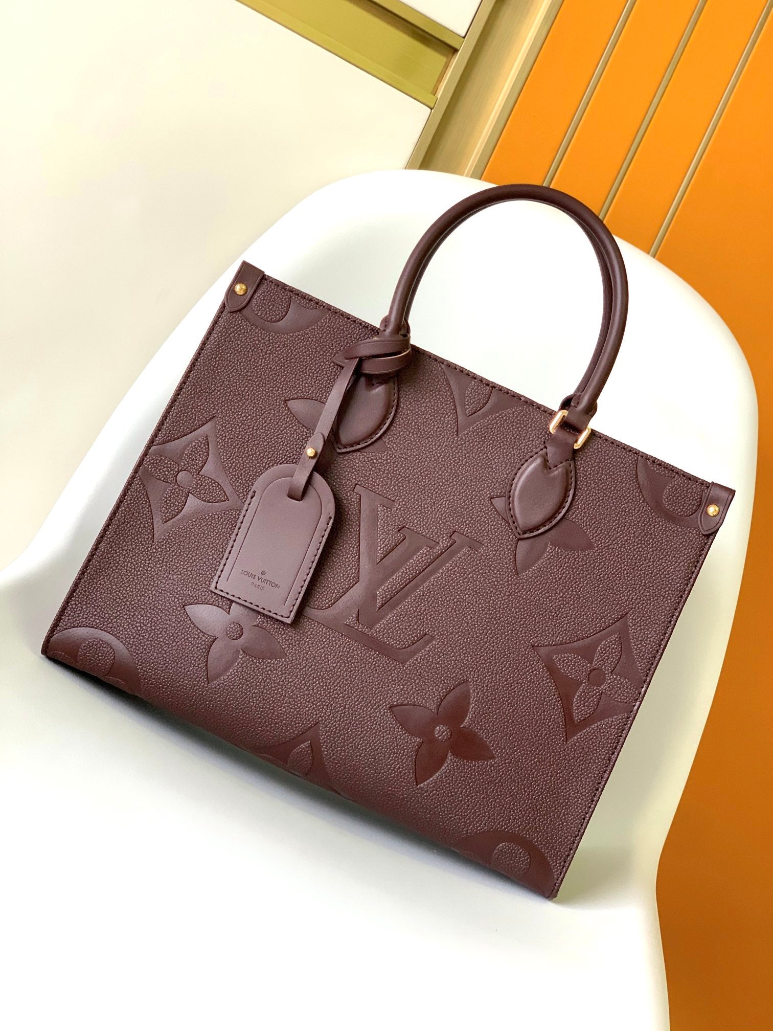 Louis Vuitton Dark Burgundy Embossed Leather Tote Bag with Top Handles