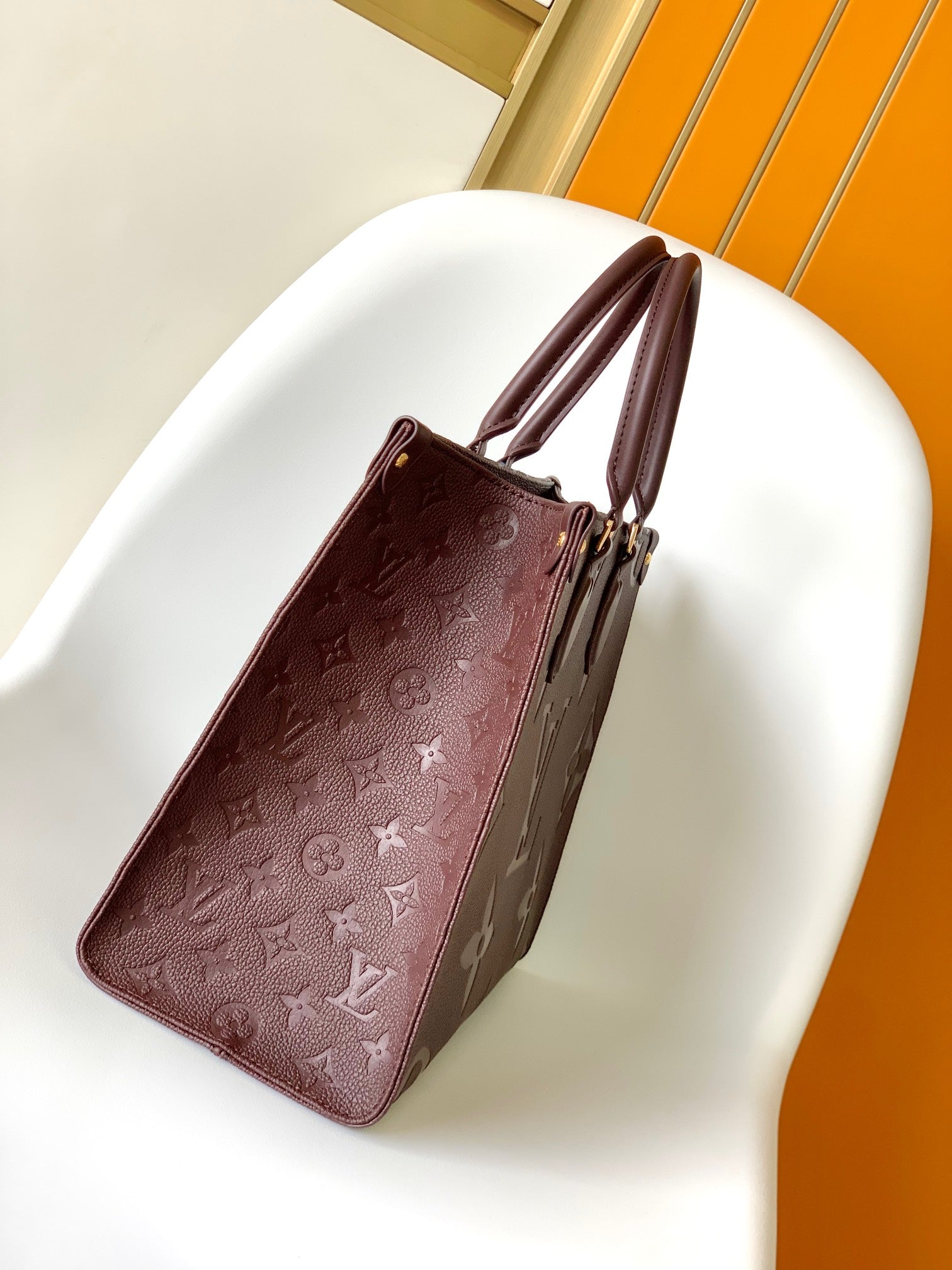 Louis Vuitton Dark Burgundy Embossed Leather Tote Bag with Top Handles