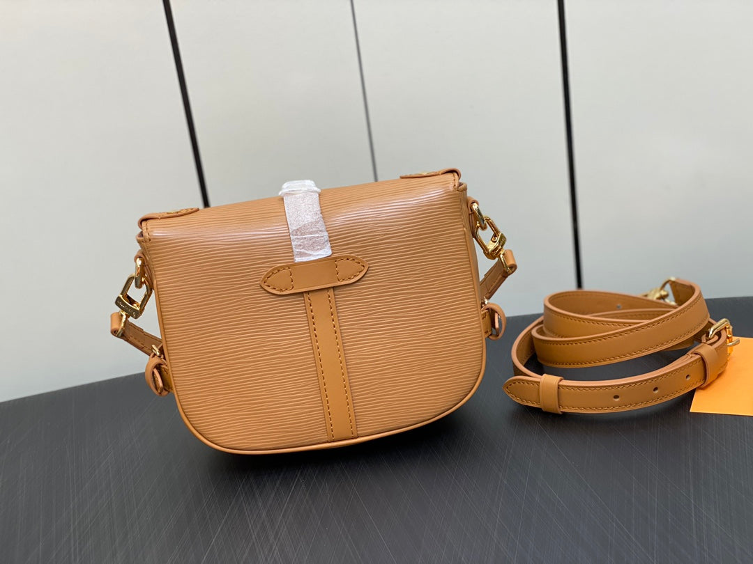 Louis Vuitton Classic Tan Leather Saddle Crossbody Bag with Buckle Detail