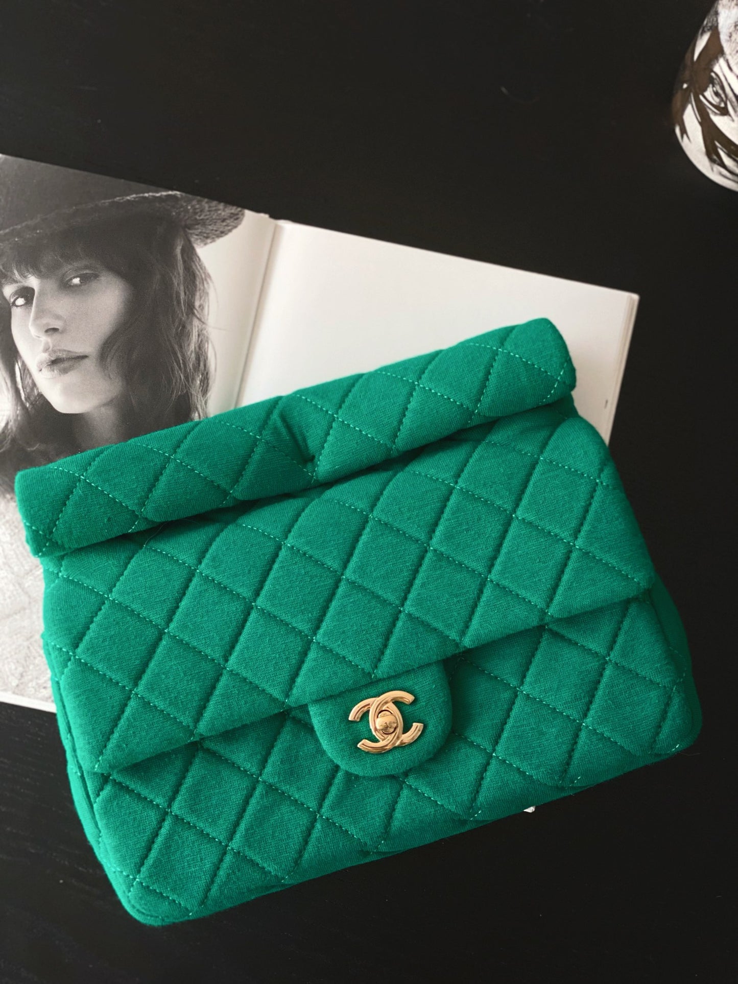 Chanel Green Quilted Fabric Classic Flap Bag with Gold Hardware
