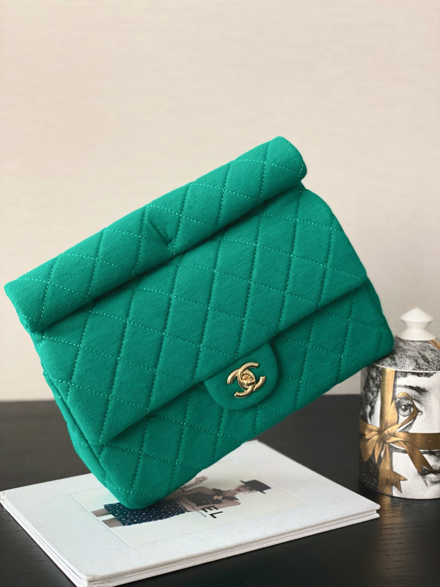 Chanel Green Quilted Fabric Classic Flap Bag with Gold Hardware