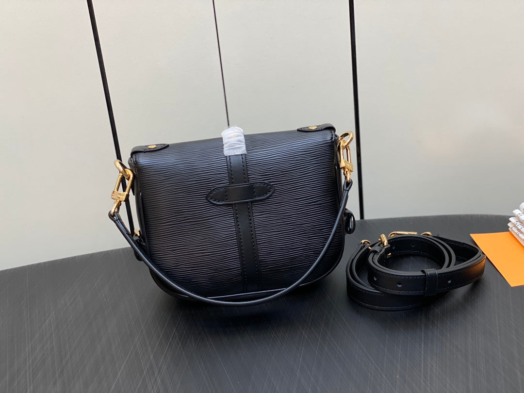 Louis Vuitton Classic Black Leather Crossbody Shoulder Bag with Gold Buckle