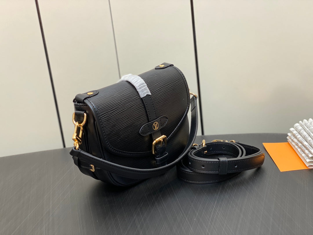 Louis Vuitton Classic Black Leather Crossbody Shoulder Bag with Gold Buckle