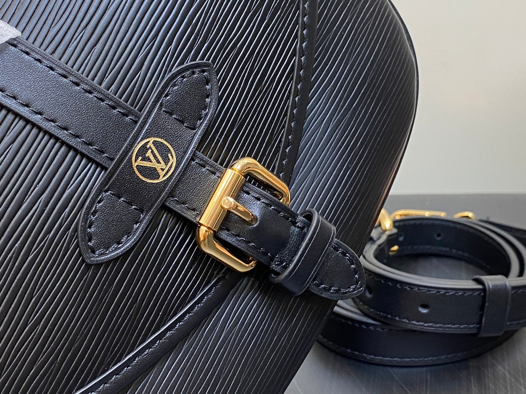 Louis Vuitton Classic Black Leather Crossbody Shoulder Bag with Gold Buckle