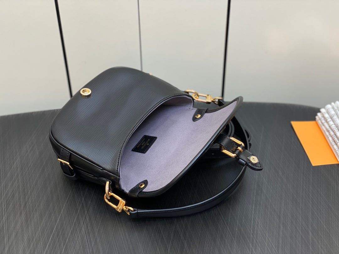 Louis Vuitton Classic Black Leather Crossbody Shoulder Bag with Gold Buckle