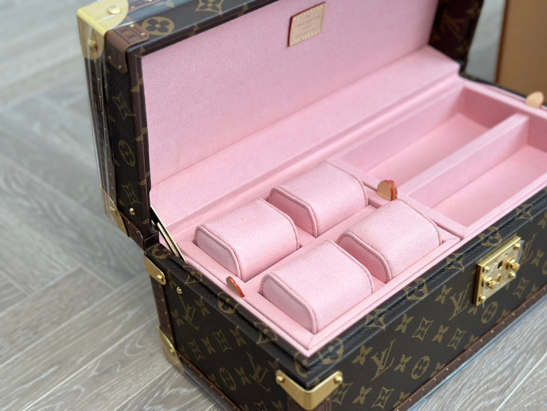Vintage Monogram Jewelry and Watch Trunk Box with Pink Velvet Lining