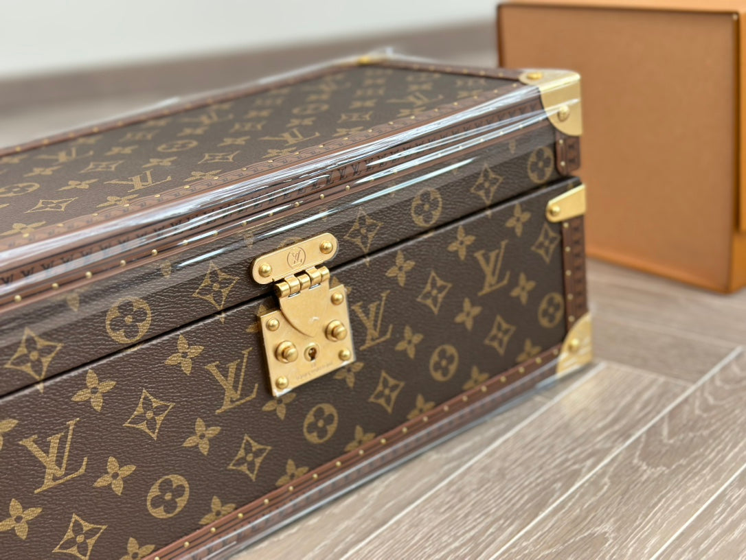 Vintage Monogram Jewelry and Watch Trunk Box with Pink Velvet Lining