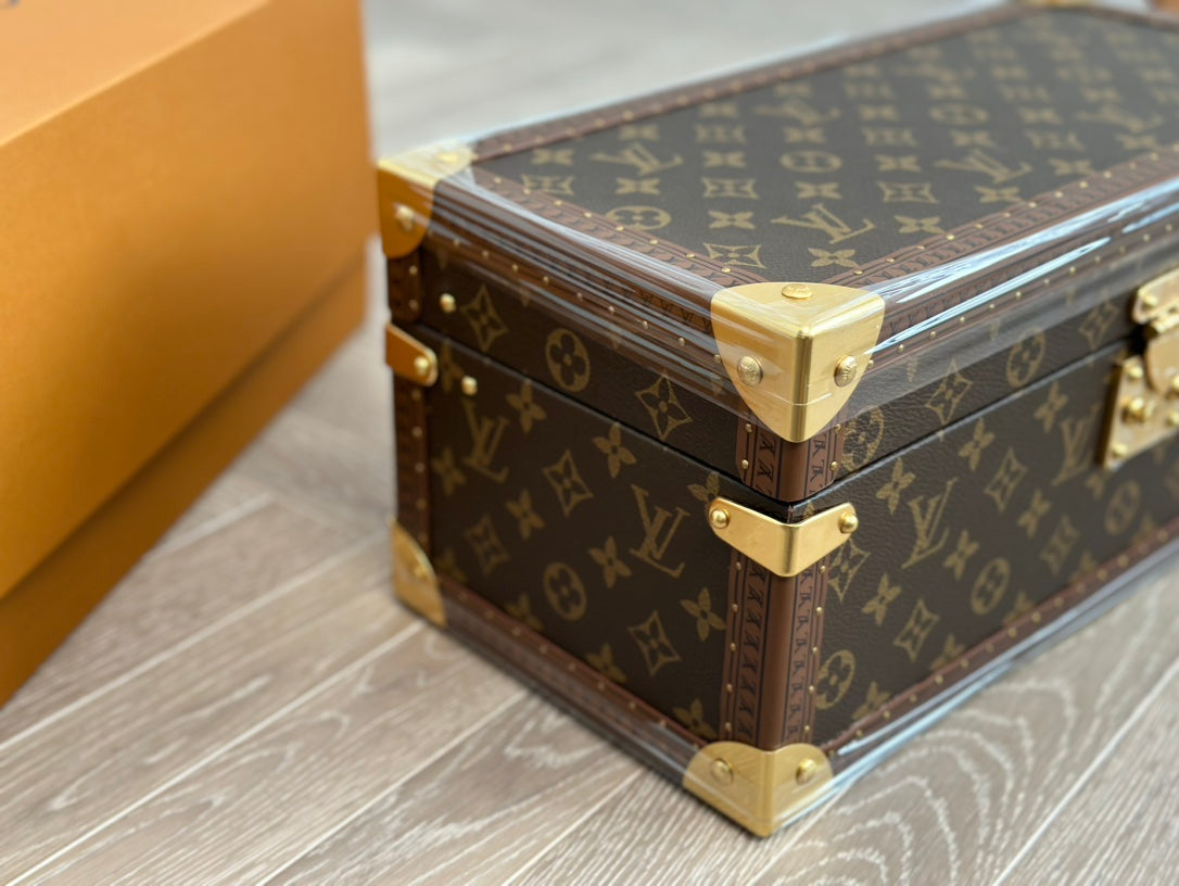 Vintage Monogram Jewelry and Watch Trunk Box with Pink Velvet Lining