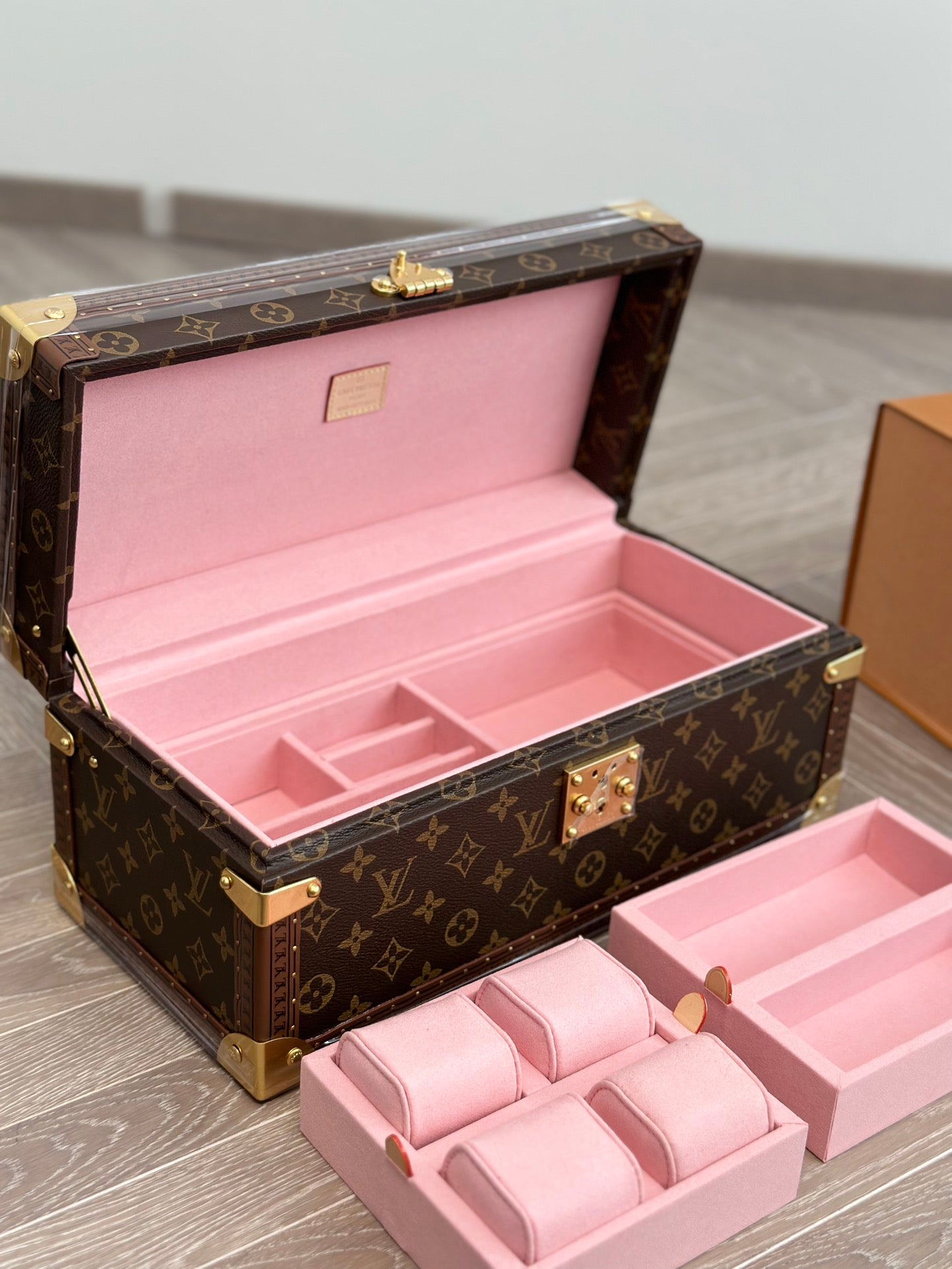 Vintage Monogram Jewelry and Watch Trunk Box with Pink Velvet Lining