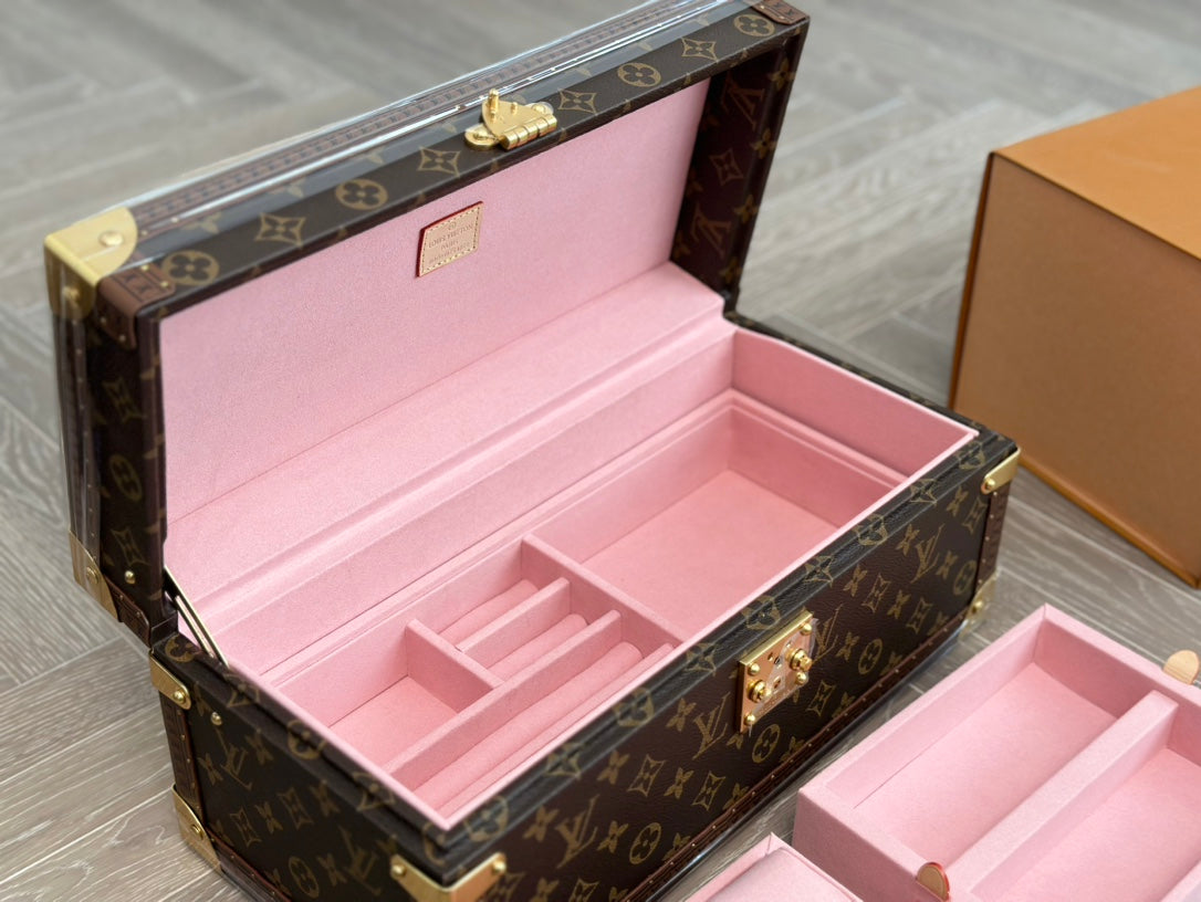 Vintage Monogram Jewelry and Watch Trunk Box with Pink Velvet Lining