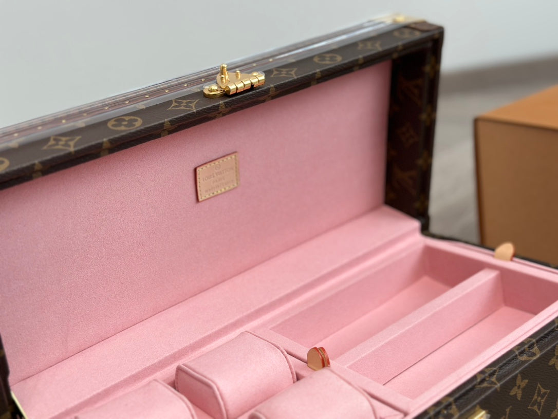 Vintage Monogram Jewelry and Watch Trunk Box with Pink Velvet Lining