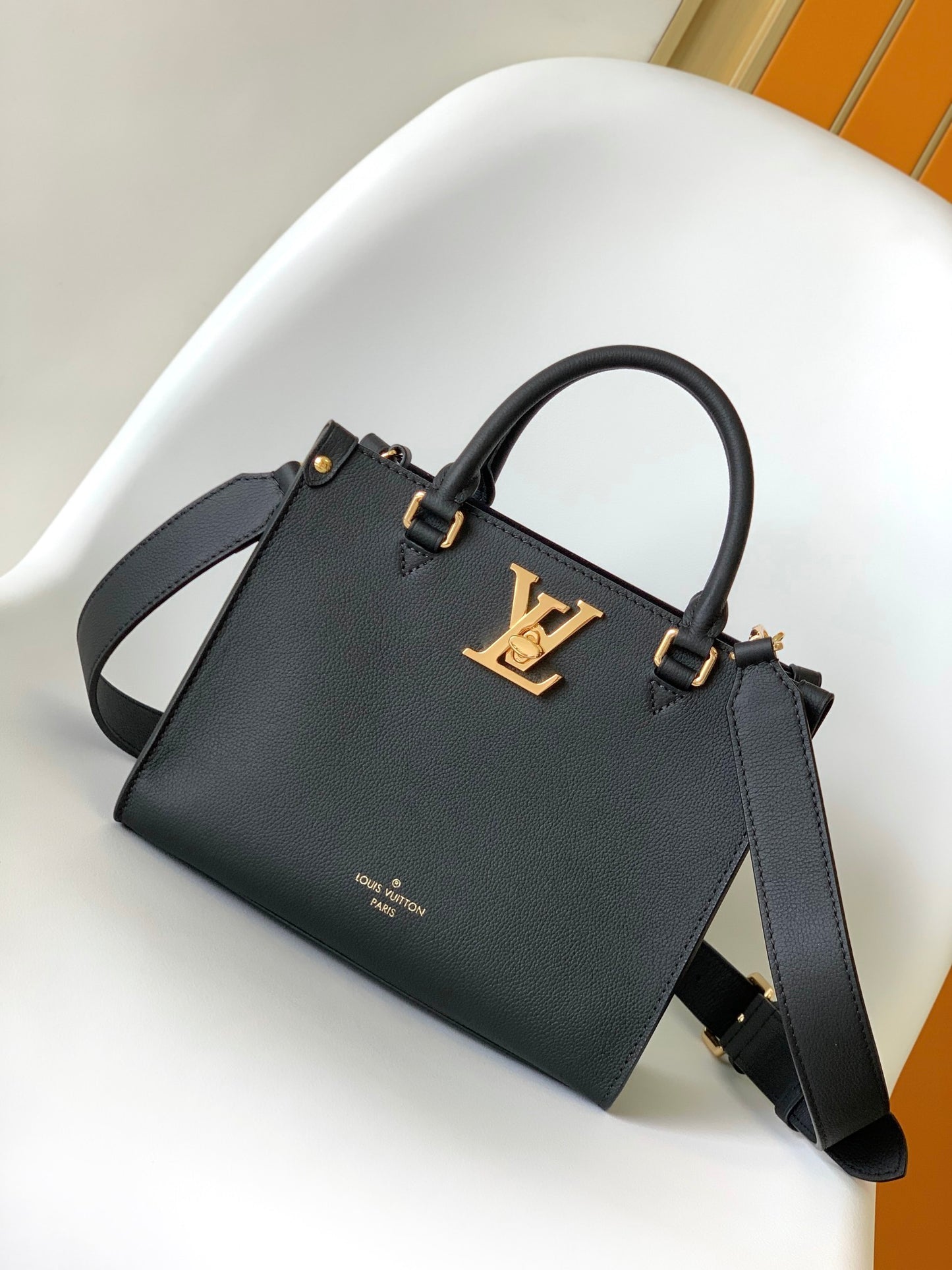 Louis Vuitton Black Textured Leather Top Handle Tote Bag with Gold Hardware