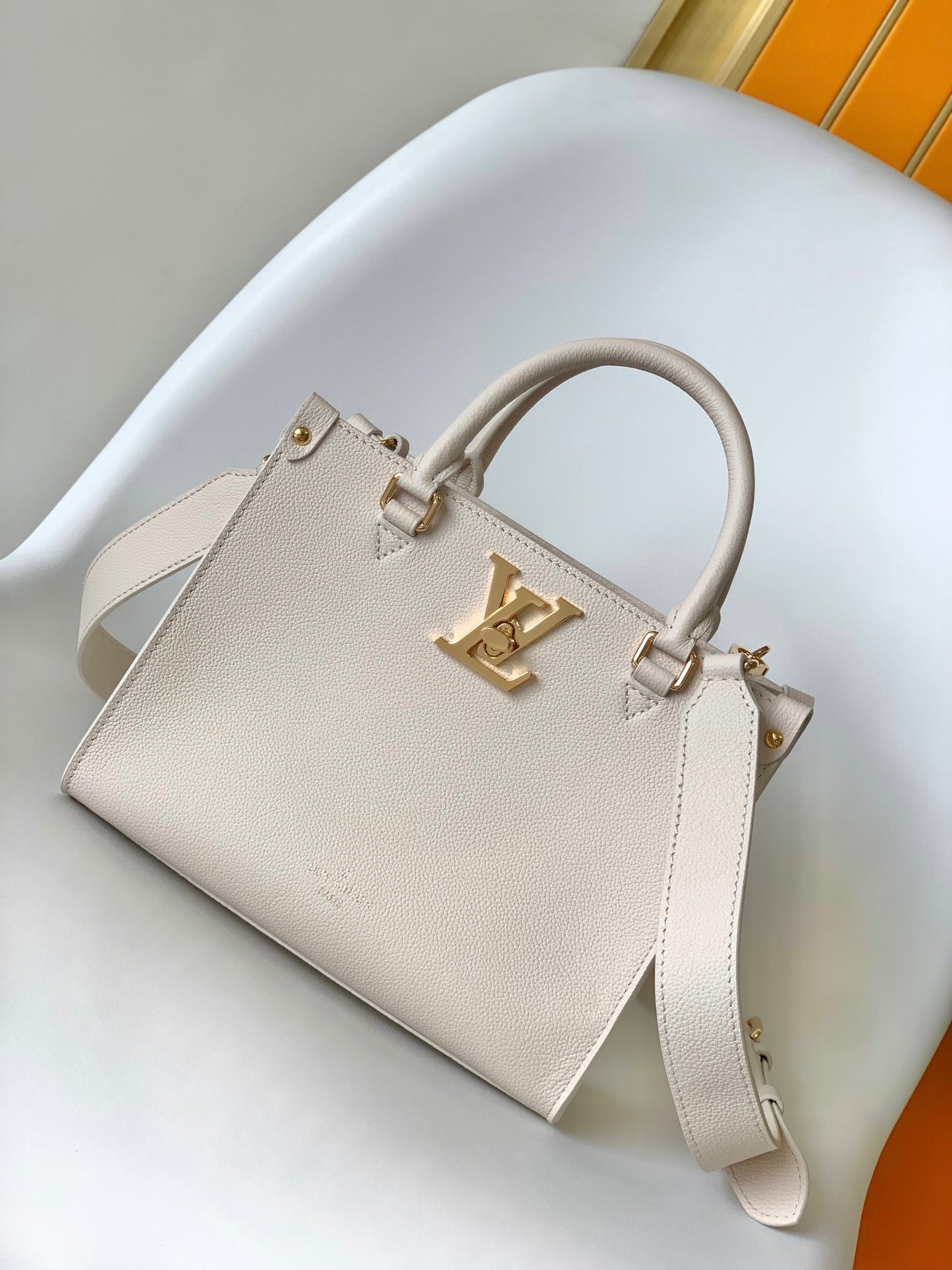 Louis Vuitton Off-White Structured Leather Tote Bag with Gold Hardware
