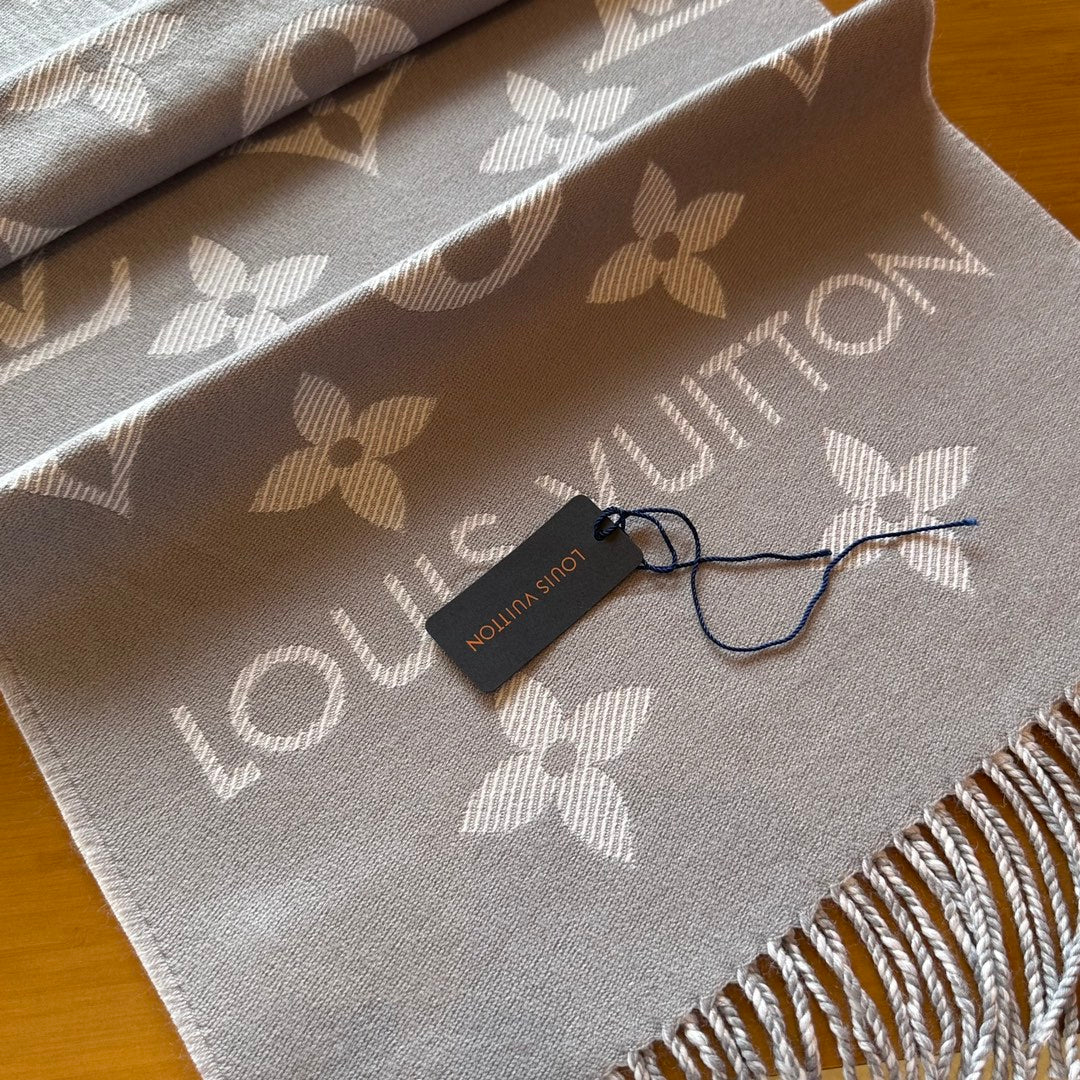 Luxury Monogram Print Scarf for Women - Soft Gray and White Patterned Oversized Shawl Wrap Fashion Accessory