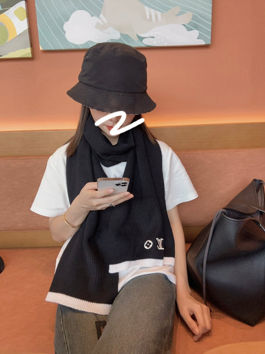 Women's Black Knit Scarf with White Monogram Embroidery and Contrast Border - Warm Soft Winter Fashion Accessory