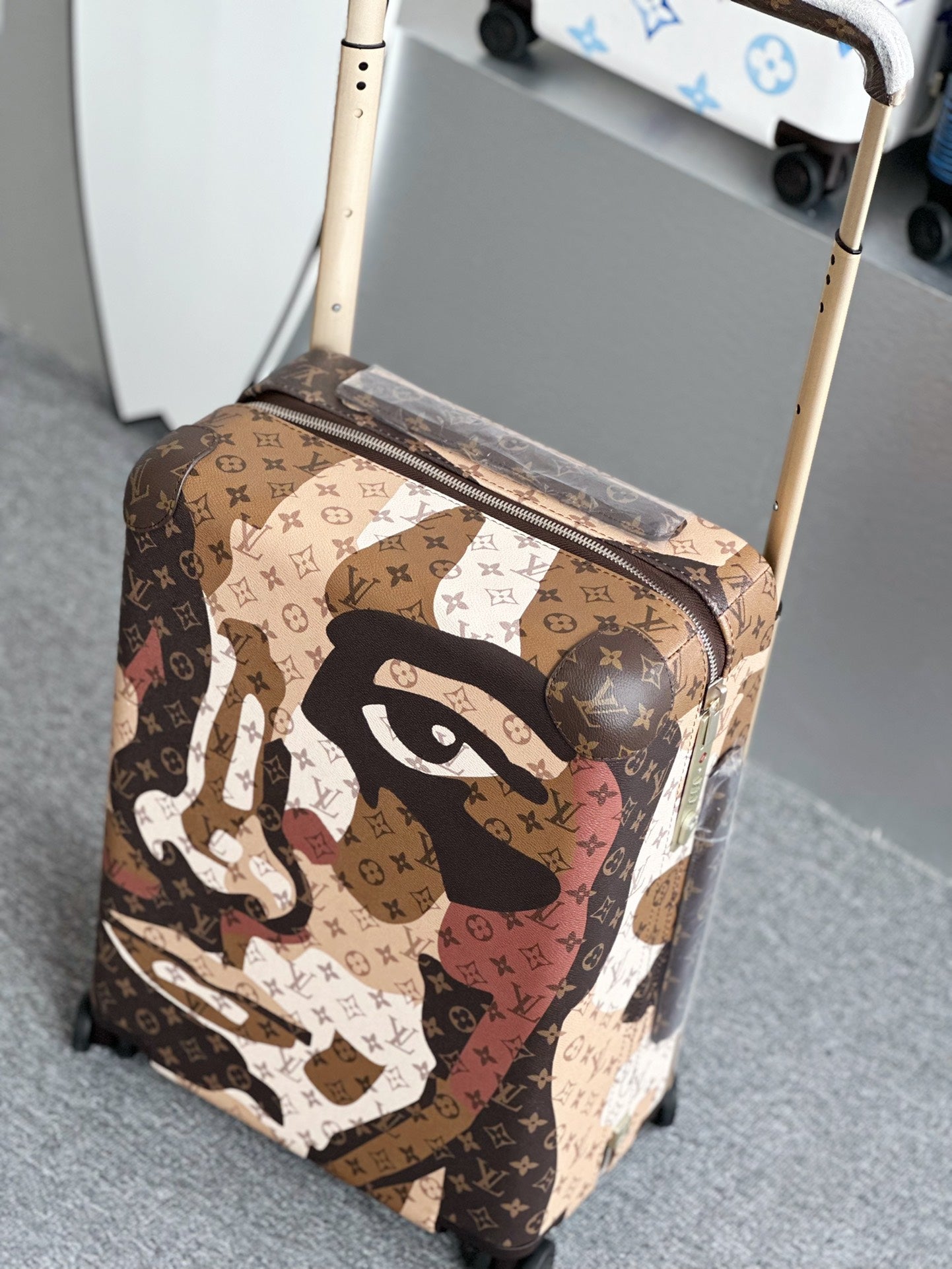 Brown Artistic Face Print Hardshell Spinner Luggage Suitcase