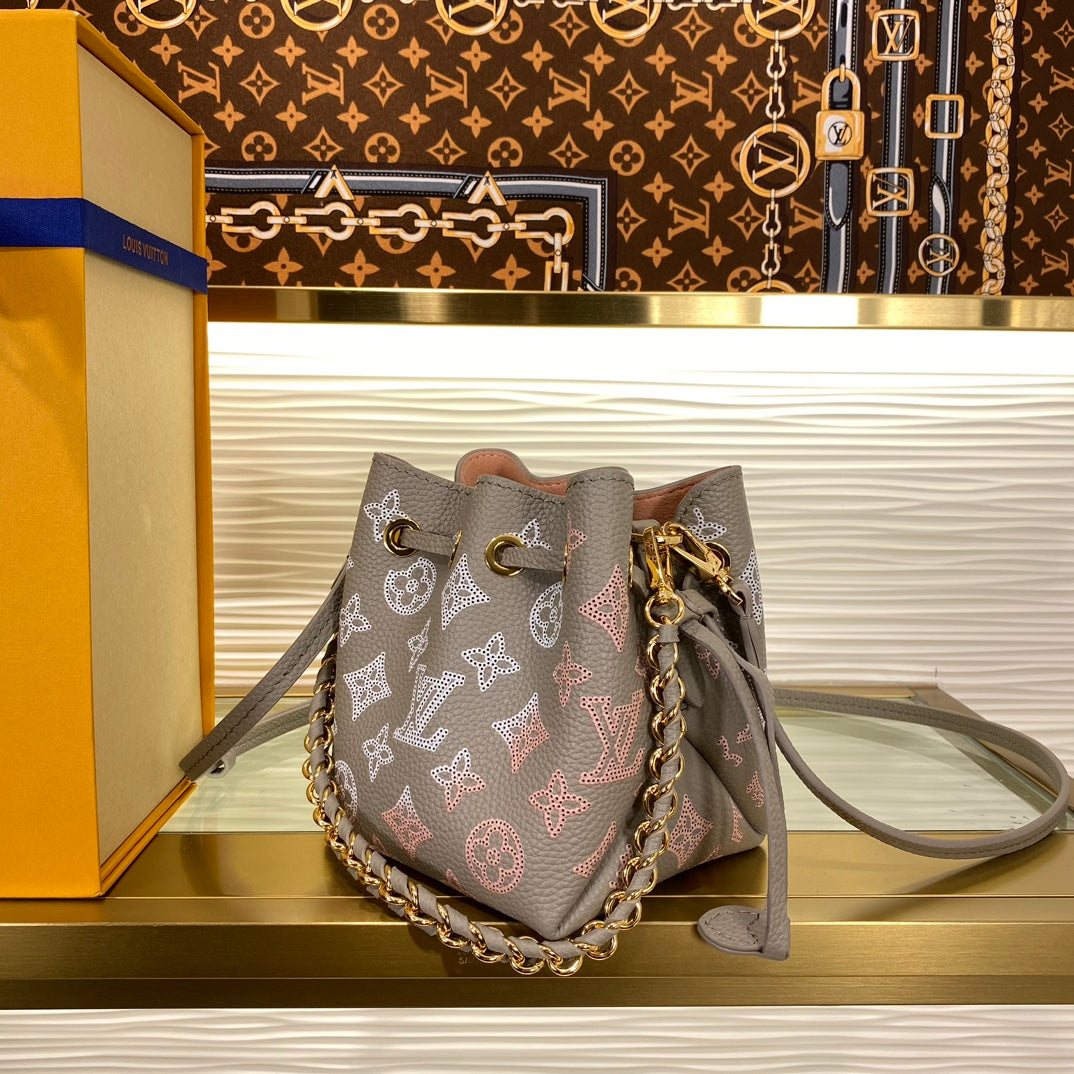 Louis Vuitton Taupe Monogram Leather Bucket Bag with Gold Chain Strap
