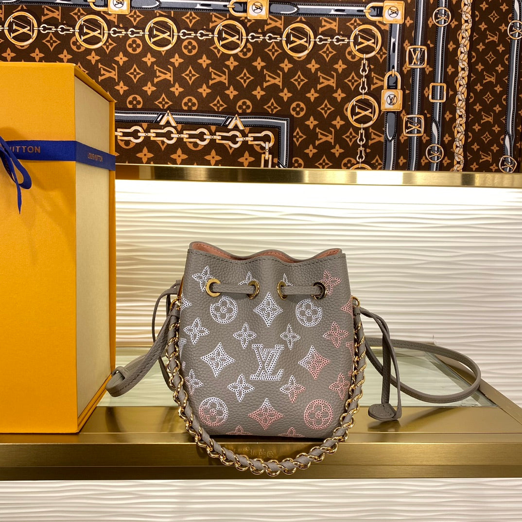 Louis Vuitton Taupe Monogram Leather Bucket Bag with Gold Chain Strap