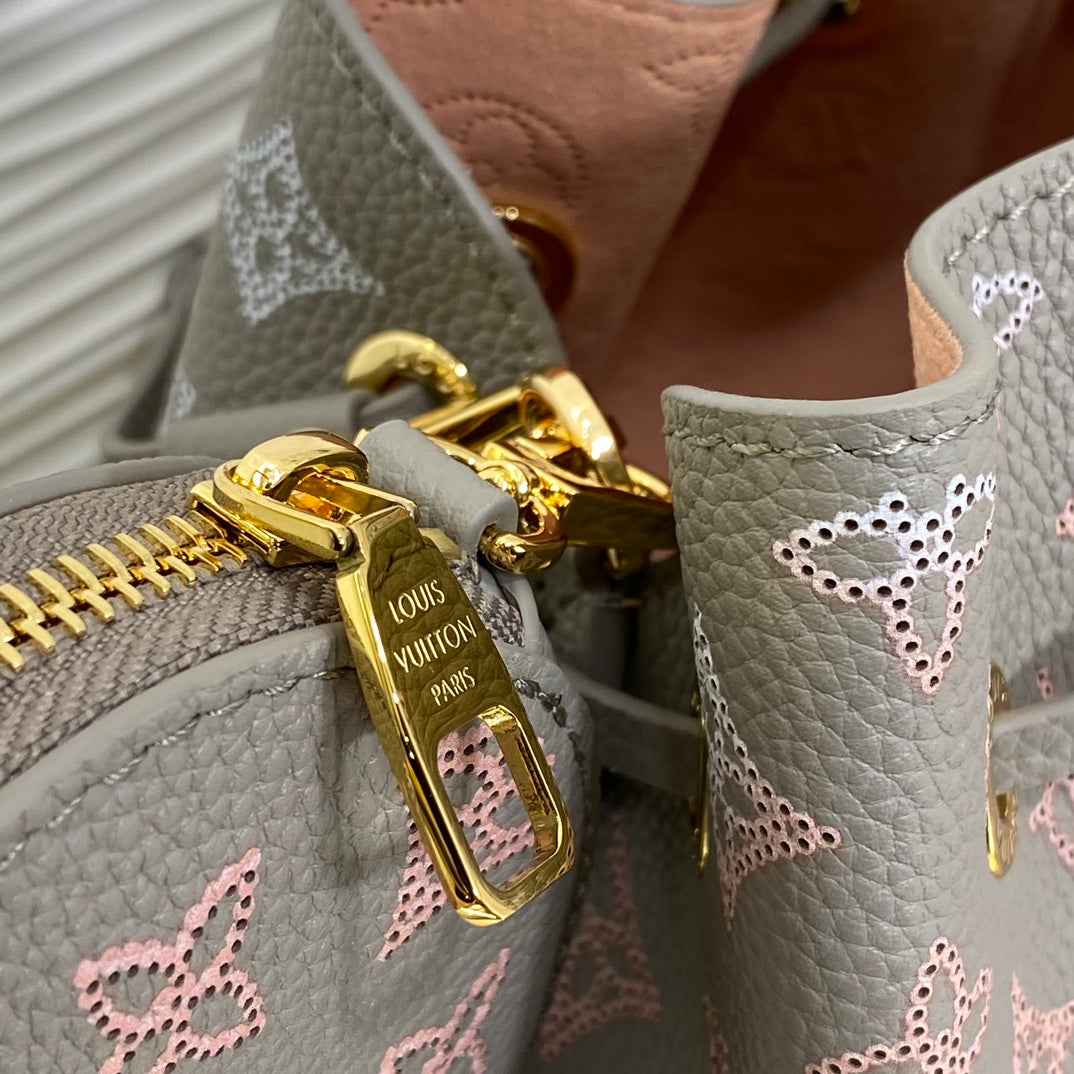 Louis Vuitton Elegant Taupe Monogram Bucket Bag with Gold Chain and Coin Purse