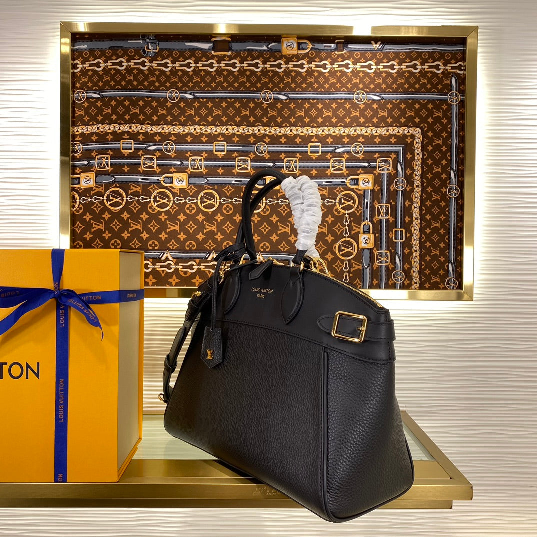 Louis Vuitton Classic Black Leather Satchel Handbag with Gold Hardware