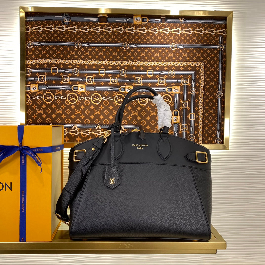 Louis Vuitton Classic Black Leather Satchel Handbag with Gold Hardware