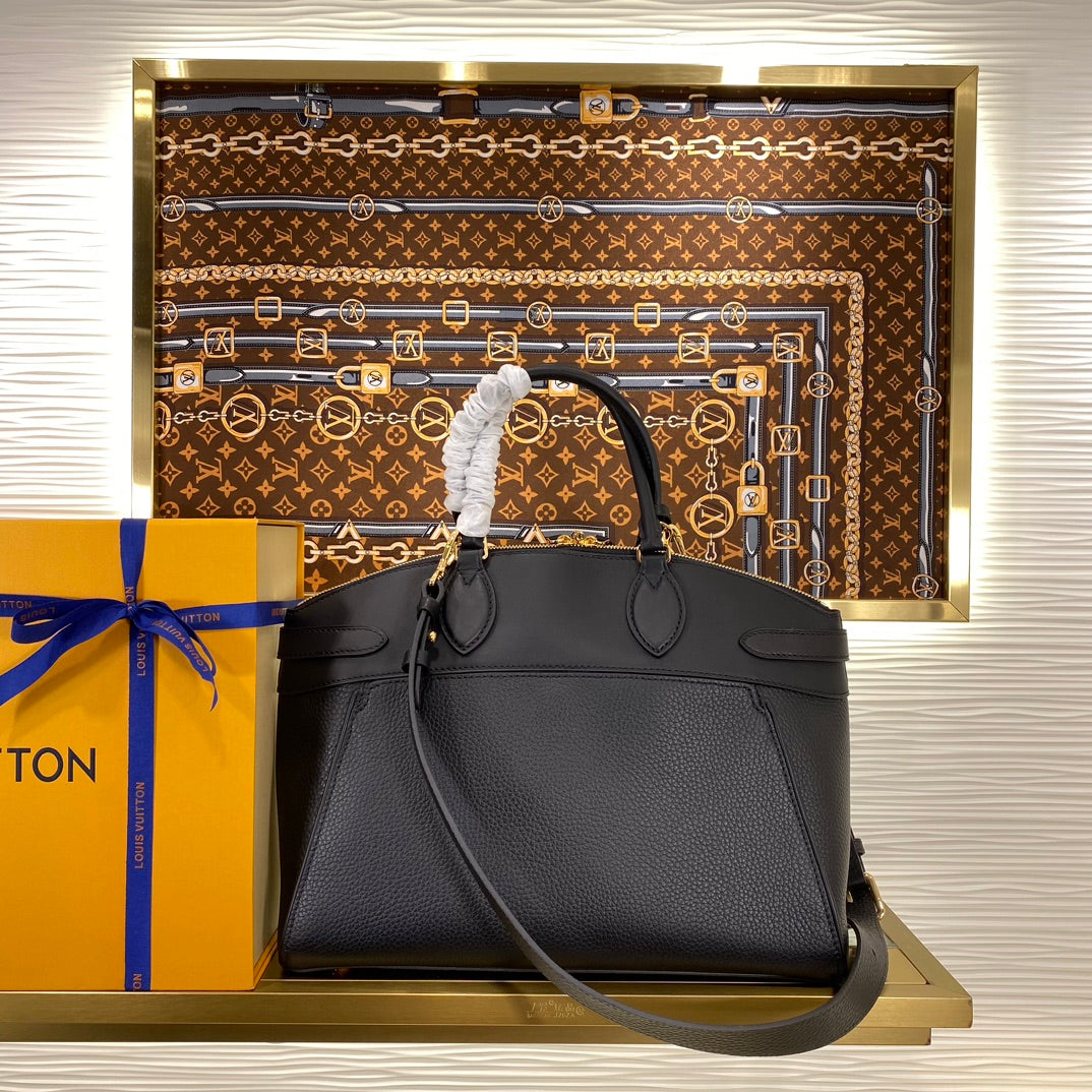 Louis Vuitton Classic Black Leather Satchel Handbag with Gold Hardware