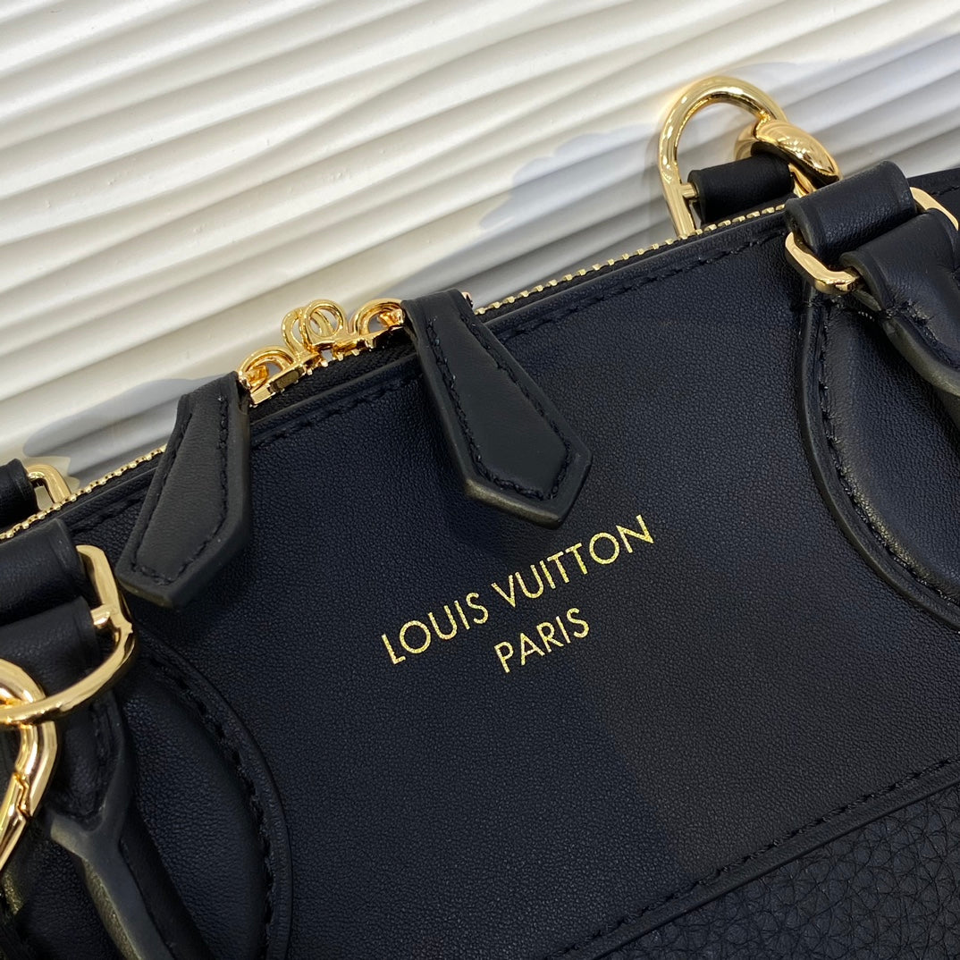 Louis Vuitton Classic Black Leather Satchel Handbag with Gold Hardware