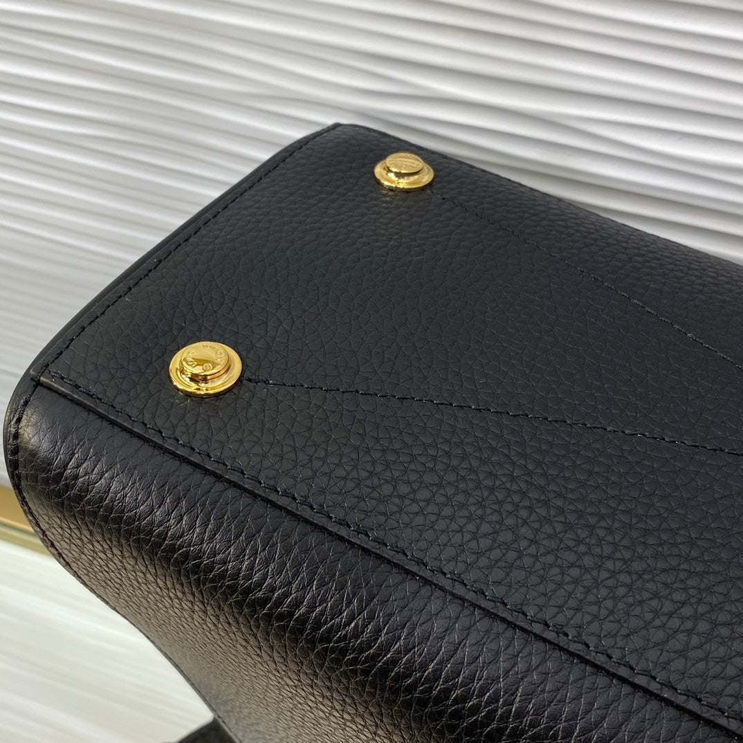 Louis Vuitton Classic Black Leather Satchel Handbag with Gold Hardware