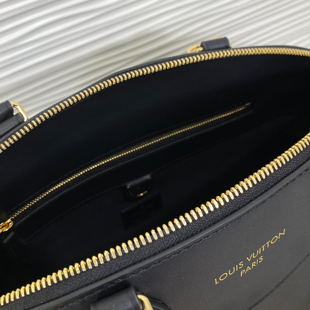 Louis Vuitton Classic Black Leather Satchel Handbag with Gold Hardware