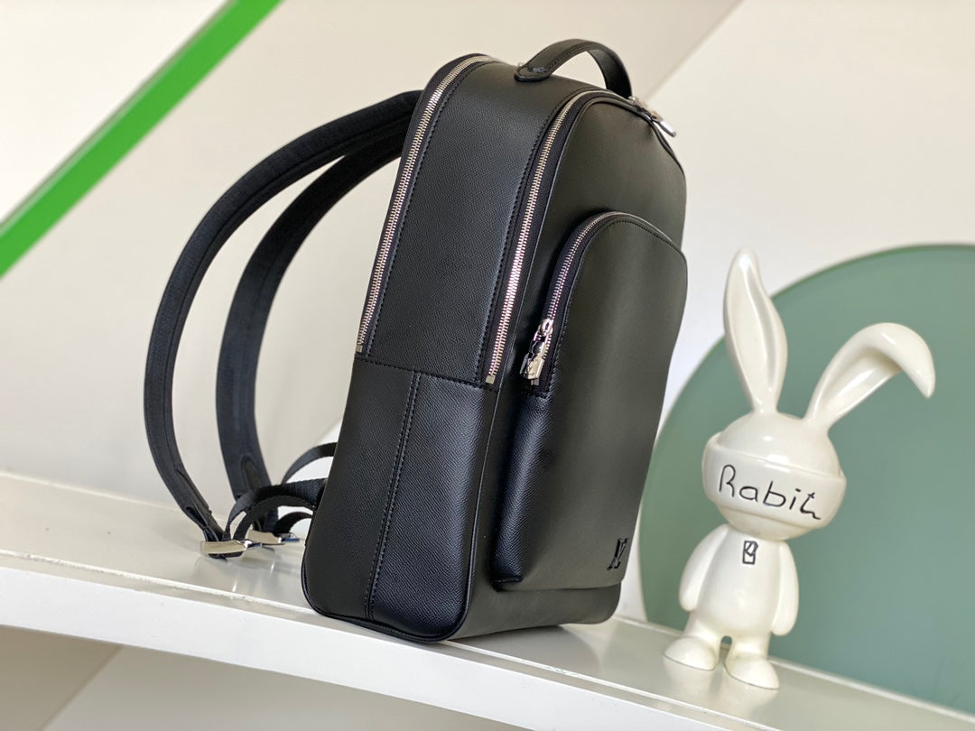 Louis Vuitton Minimalist Black Leather Backpack with Front Pocket Unisex Daypack