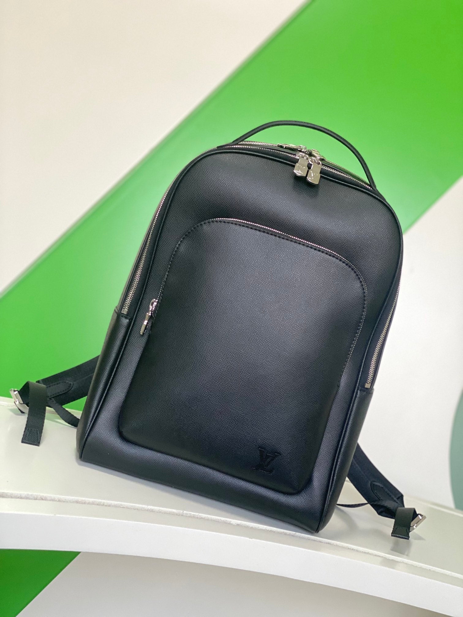Louis Vuitton Minimalist Black Leather Backpack with Front Pocket Unisex Daypack
