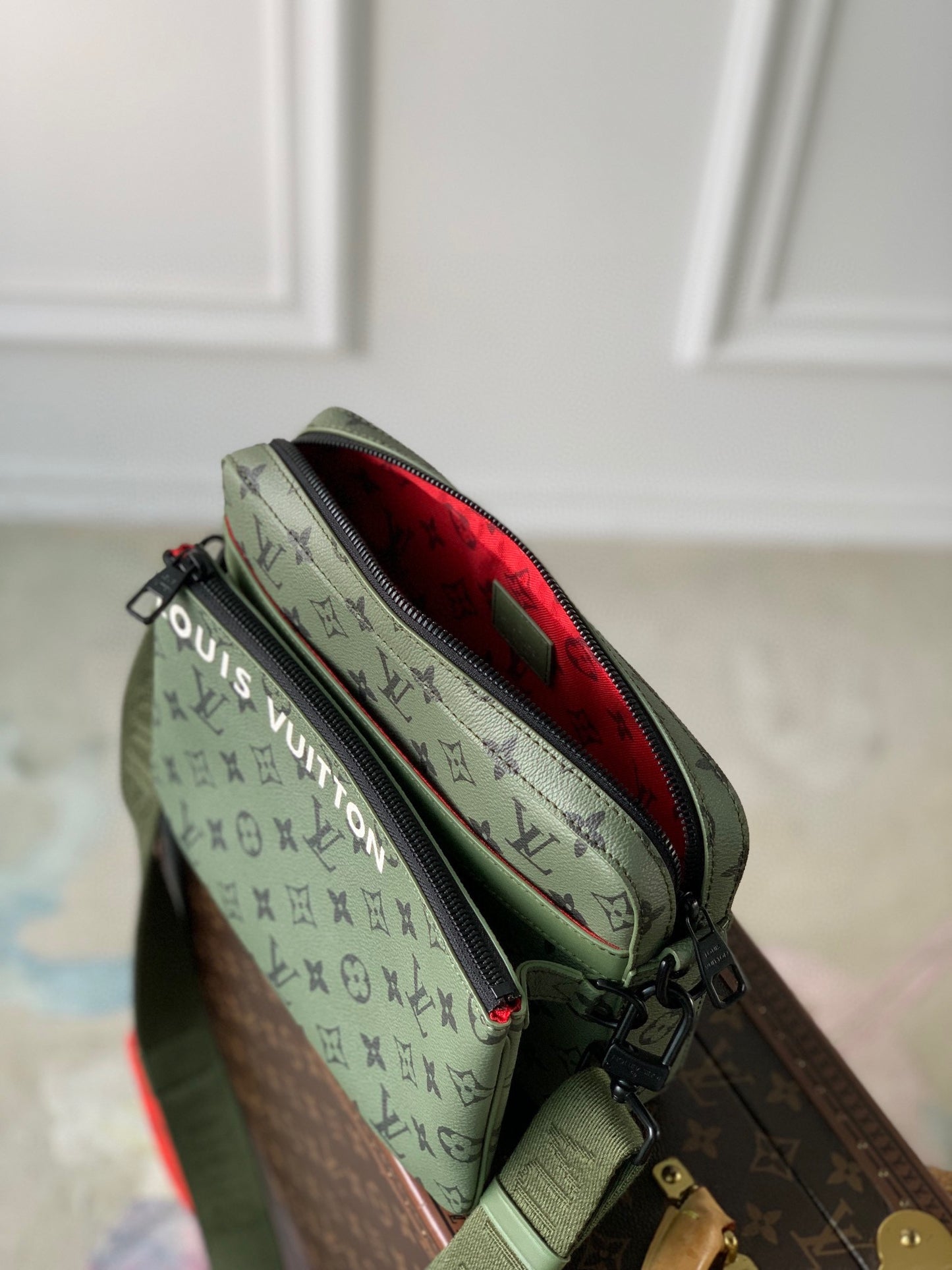 Louis Vuitton Olive Green Monogram Crossbody Bag with Detachable Red Pouch