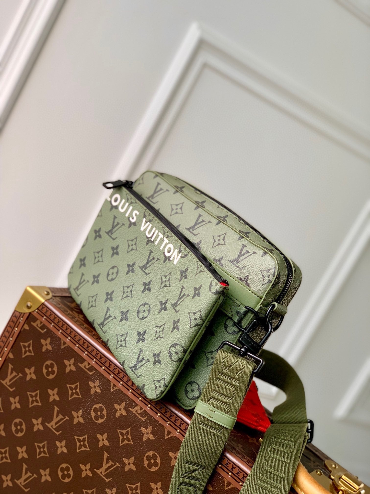 Louis Vuitton Olive Green Monogram Crossbody Bag with Detachable Red Pouch